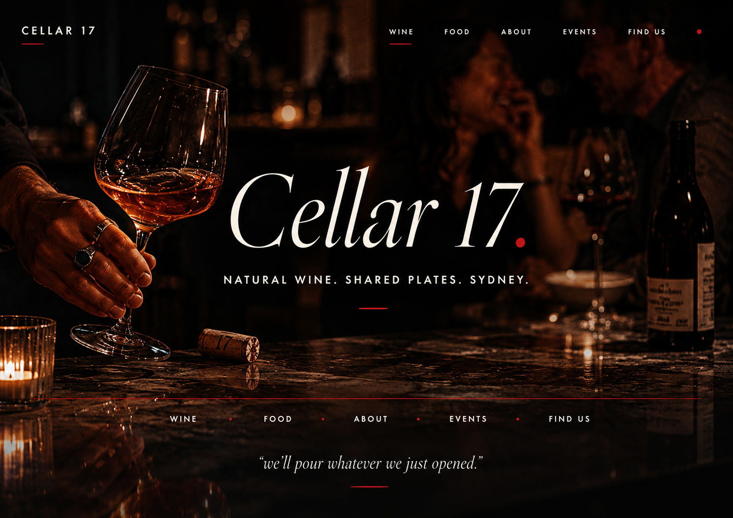 The Bar Wine skin. Cinematic concrete-slate dark wine bar website with candlelight glow, oxblood accent, and refined italic serif headline.